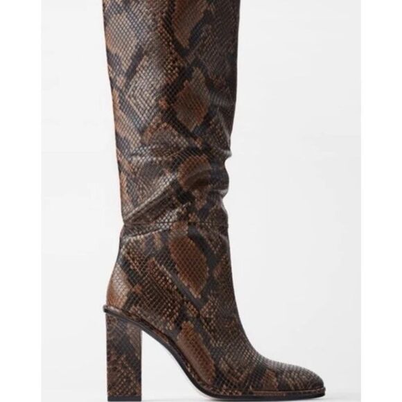 ZARA Snakeskin Print Knee High Boots Block Heel Brown Faux Leather Size US 7.5 - Picture 7 of 10